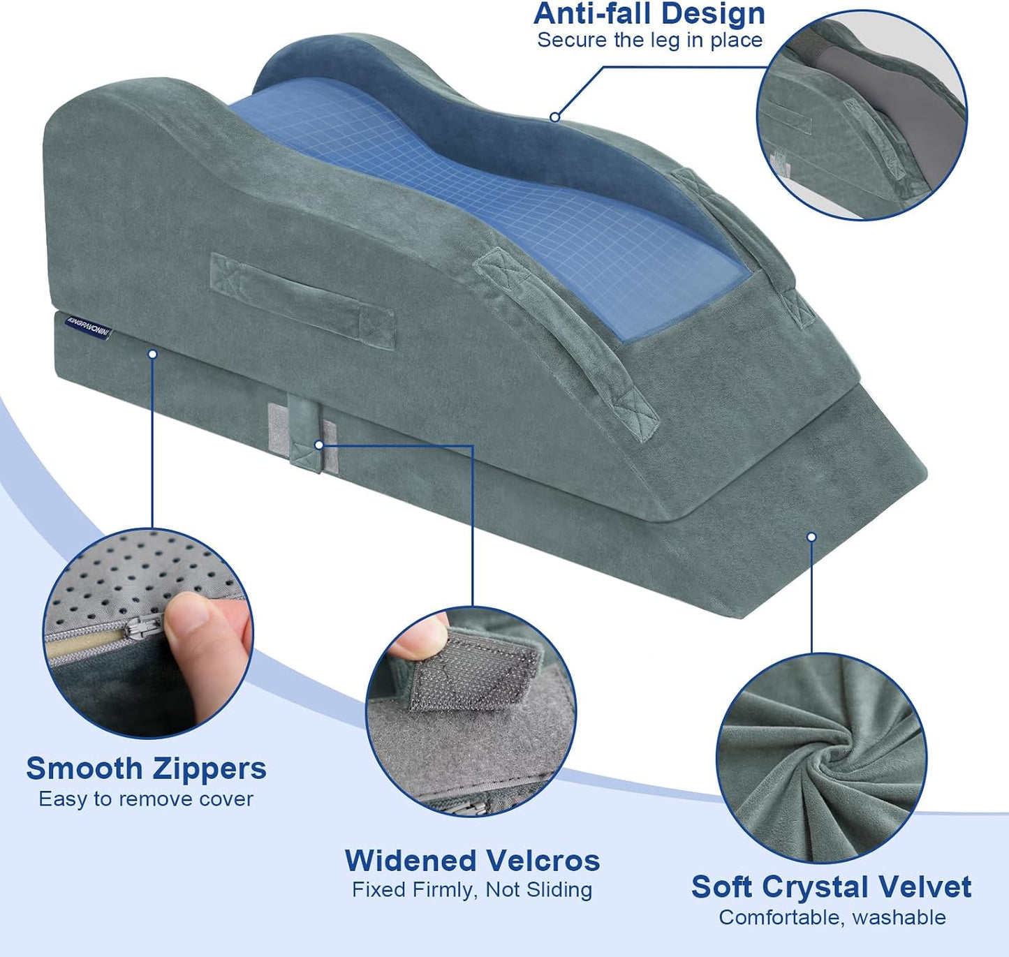 KingPavonini Leg Elevation Pillow for After Surgery, Single Leg, Grey | Ergonomic Curve Keeps leg/Knee Straight, Adjustable Memory Foam Leg Pillow, Pain & Swelling Relief, Improve Blood Circulation