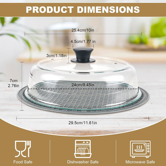 Microwave Splatter Cover & Silicone Place Mat, 10" Glass Splatter Guard Lid | Microwave Plate Cover for Food with Easy Grip Silicone Handle, Food Grade Borosilicate Glass, BPA Free, No Plastic