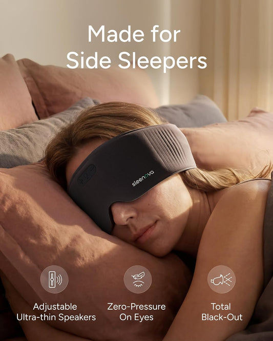 Sleenova SoundMask - Sleep Mask with Built-in Tuned Sleep Audio, Side Sleeper Optimized, Phone-Free Sleep & Nap, Bluetooth Modes, Soft Black