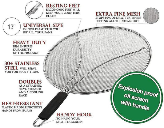 13"Larger Stainless steel splatter guards for frying pan with thermo plastic handles" Keep your kitchen safe & clean by this grease splatter screen!"-Say Goodbye to Oil Splatters!"