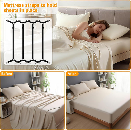 Bed Sheet Straps, 4Pcs Elastic Adjustable Bed Sheet Holder Straps, Fitted Sheet Straps to Hold Sheets in Place with Metal Clips, Sheet Holders for Mattress Cover, Sheet, Sofa Cushion (Black)
