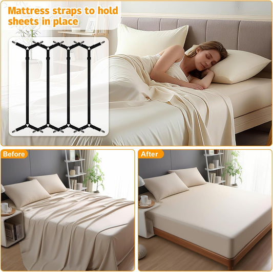 Bed Sheet Straps, 4Pcs Elastic Adjustable Bed Sheet Holder Straps, Fitted Sheet Straps to Hold Sheets in Place with Metal Clips, Sheet Holders for Mattress Cover, Sheet, Sofa Cushion (Black)