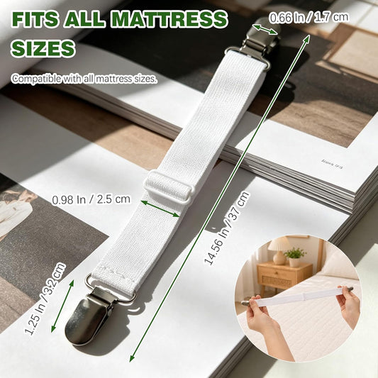 4-Pack White Adjustable Elastic Bed Sheet Straps, Non-Slip Fitted Sheet Holders for All Mattress Sizes