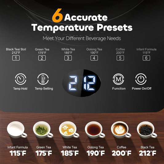 Electric Tea Kettle with Infuser Temperature Control and Automatic Shut Off 24 H Keep Warm for Coffee Water Heater and Tea Pot Glass Black 1.5L