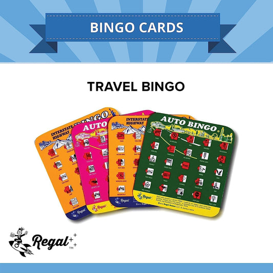 Regal Games Finger-Tip Shutter Bingo Cards with Sliding Windows - Interstate Bingo & Auto Bingo Game - Assorted Colors Travel Game Bingo Set Kids - Reusable, No Chips & Daubers Needed - 4 Packs