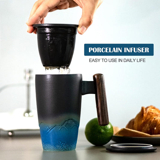 suyika Tomotime Ceramic Tea Cup with Infuser and Lid Tea Mugs Wooden Handle 400ml/13.5oz Black