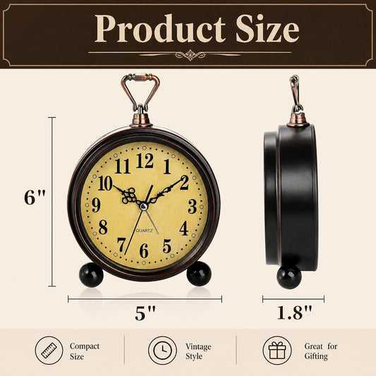 Pumtus 2 Pack Vintage Alarm Clocks, 5'' Silent Metal Analog Alarm Clock