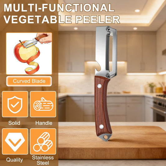 2Pcs Premium Vegetable Peeler with Wooden Handle and Bottle Opener,Multifunctional 3-in-1 Stainless Steel Kitchen Tool for various fruits and vegetables that require peeling(Black + Brown)