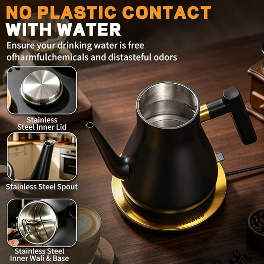 Gooseneck Electric Kettle 1000W | Pour Over Coffee Kettle with Steady Flow Spout & Balanced Handle, 0.8L Matte Black Tea Kettle for Home Barista Espresso Station Countertop- Black