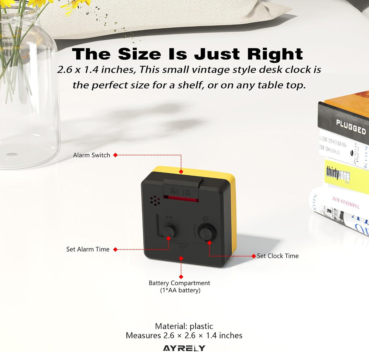 AYRELY® 2.6" × 1.4" Ultra Small Battery Operated Analog Travel Alarm Clock