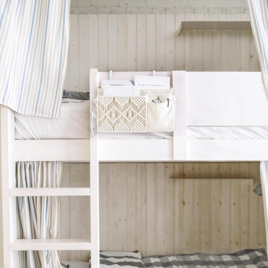 Mkono Bedside Caddy, Macrame Hanging Organizer, 4 Pockets Ivory Metal Hooks | Dorm Room Essentials, Boho Storage, Bunk Loft Bed Bedroom Nursery, Laptop Phone Remote Magazine Glasses, Fixed Straps