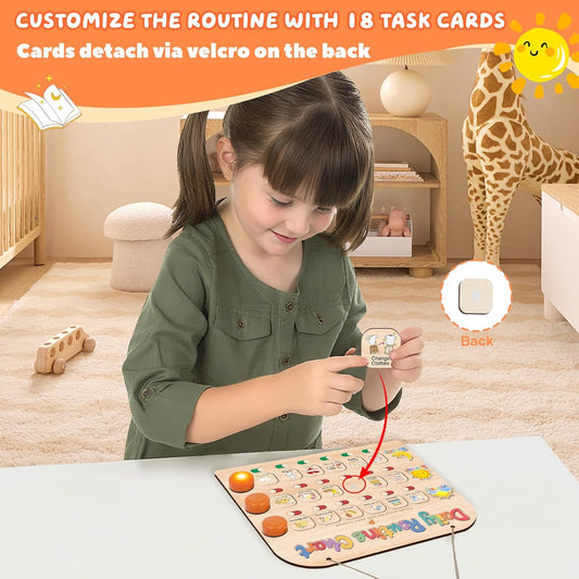 Morning Routine Chart for Toddlers, Visual Schedule Chart Planner | to Do List with 6 Tap Lights & 10 Activity Cards, Wooden Checklist Schedule Board for Kids, Autism, Preschoolers, ADHD Tools