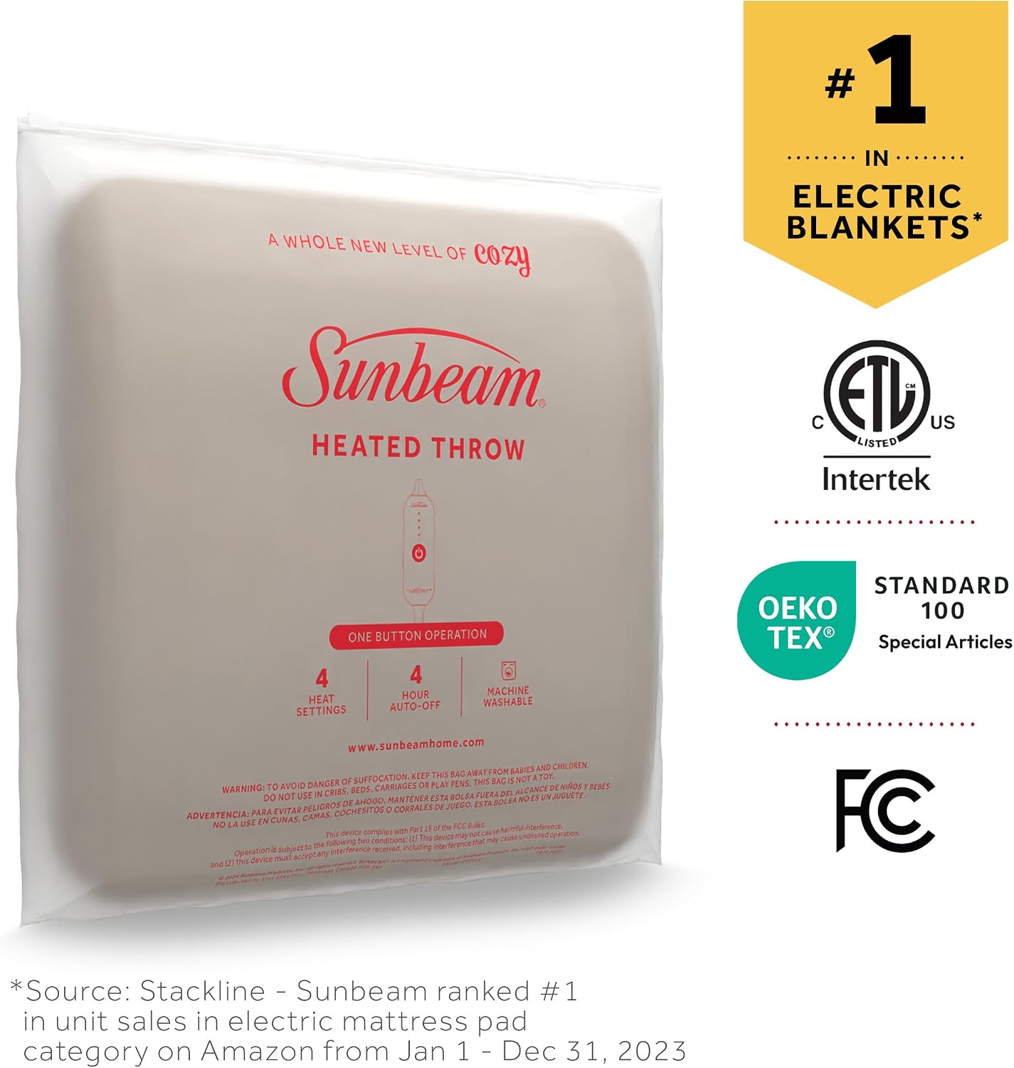 Sunbeam Royal Posh Dove Grey Heated Personal Throw / Blanket, Cozy-Warm, Adjustable Heat Settings