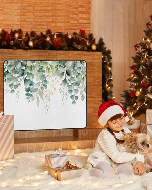 Sage Green Eucalyptus,Magnetic Fireplace Cover Decorative Indoor For Brick Fireplace,Insulation Fireplace Blocker Blanket Draft Stop Hot Heat,Contemporary White Botanical Watercolor 39"Wx32"H