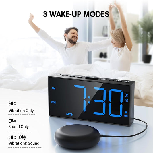 Mesqool Loud Alarm Clock with Bed Shaker & Dual Alarms, USB Port | Extra loud Vibration Alarm Designed for Heavy Sleepers & Hearing Impaired. 5-level Dimmer, Battery Backup, Snooze & DST