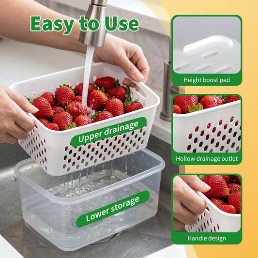 Fruit Storage Containers for Fridge with Removable Colander, 3-Pack Strawberry Containers for Fridge Containers with Lids, Organizers and Storage Keep Strawberries Fresh Twice as Long