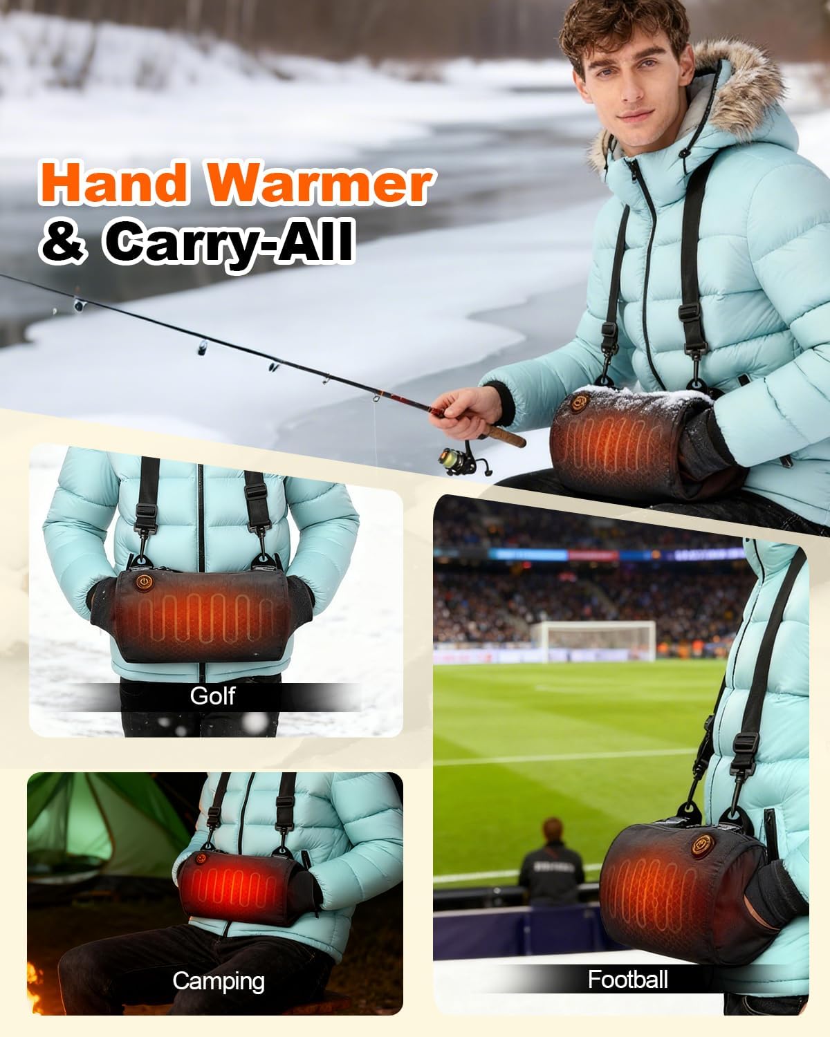 Rechargeable Football Hand Warmer Pouch Heated Electric Hand Warmer Muff Youth Portable Battery USB-C for Hungting, Glof, Fishing, Camping Reusable