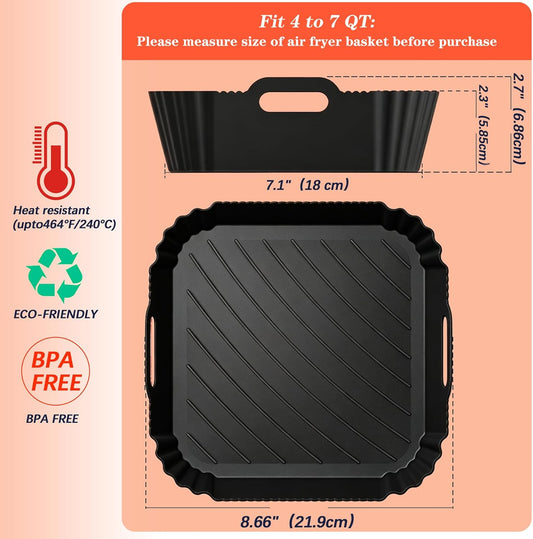 2Pcs 8.66 Inch Square Silicone Air Fryer Liners Reusable Airfryer Basket
