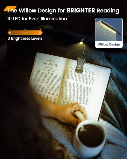 Glocusent Willow Book Light for Reading in Bed, 10 LED Bright Reading Light | 3 Colors & 3 Brightness, Rechargeable, 80Hrs, Lightweight, Clip on, Christmas Stocking Stuffers, Gifts, Book Lovers, Reader