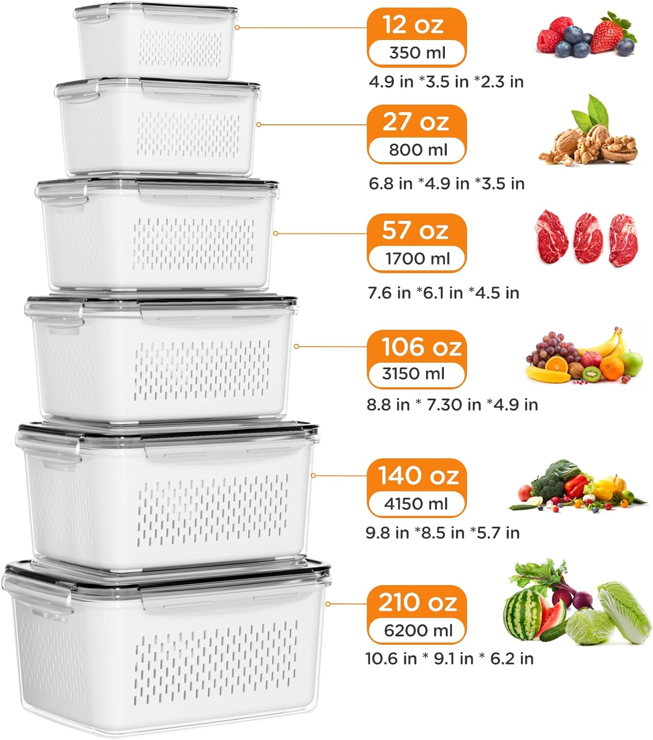 5-Pack Fruit Storage Containers for Fridge with Removable Colanders, 4 in 1 Produce Storage Containers with Lids, Leakproof Fridge Organizer Bins for Salad Berry Lettuce Vegetables Meat Keeper Fresh