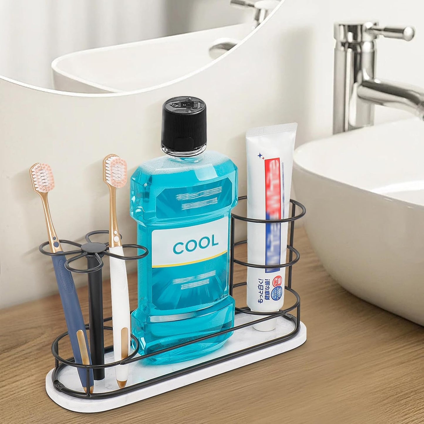 Toothbrush Holder Stand for Bathroom, Metal Toothbrush Organizer with Marble Base, Toothbrush Storage Collection for Family, Suitable for Home Hotel Countertop Vanity (Small, Matte Black)