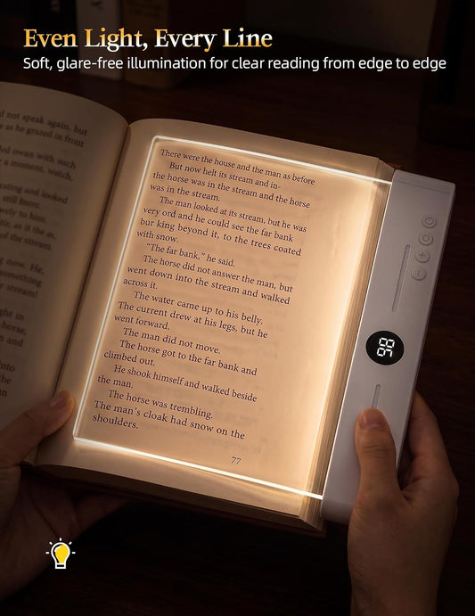 Book Page Light for Reading at Night, Flat Book Light for Bed, White | 8 Bookmarks, 3 Color Temperatures, Stepless Dimming, 1-99 Min Timer, 1200mAh, Rechargeable, Portable Design for Book Lovers