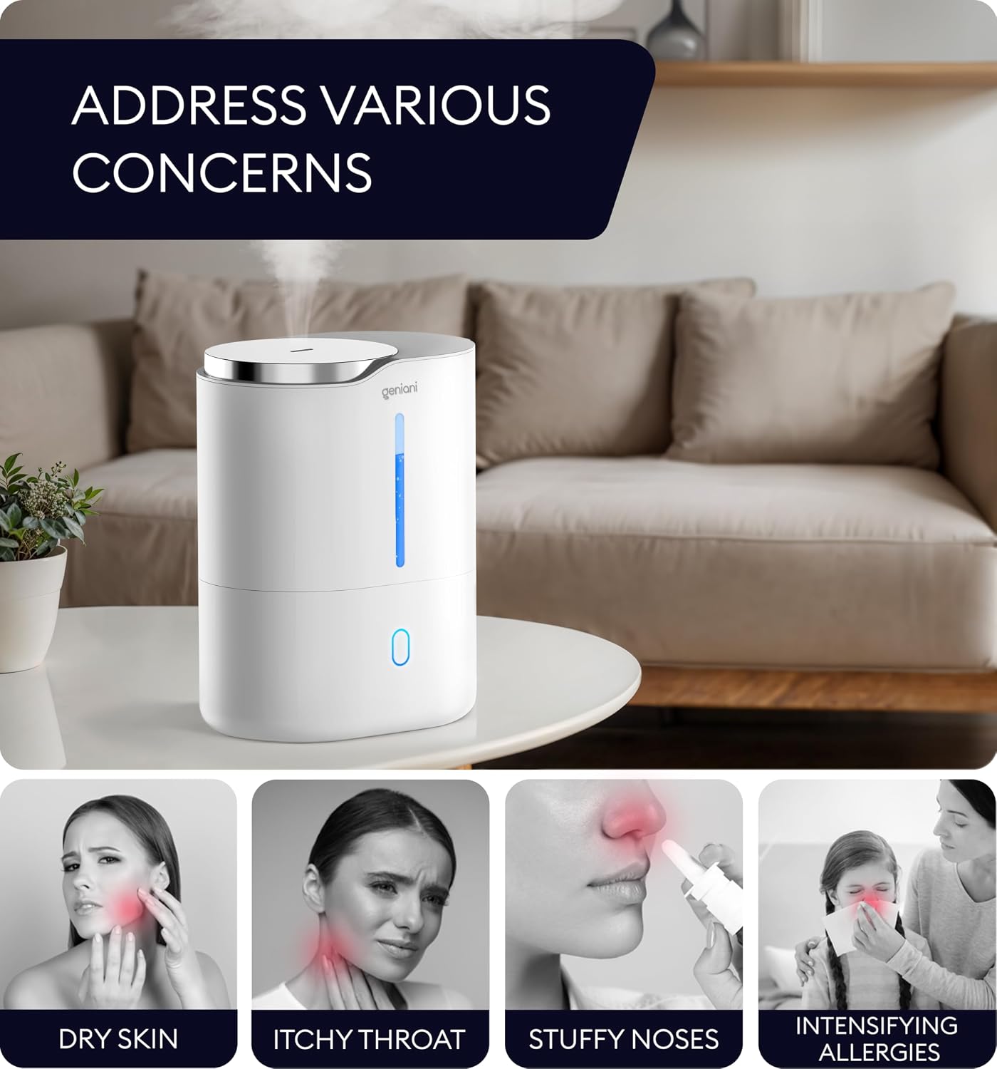 GENIANI Cool Mist Air Humidifiers for Bedroom, Plants, and Large Rooms - Quiet Humidifiers for Baby Room with Auto Shut Off & Night Light (3.9L, White)