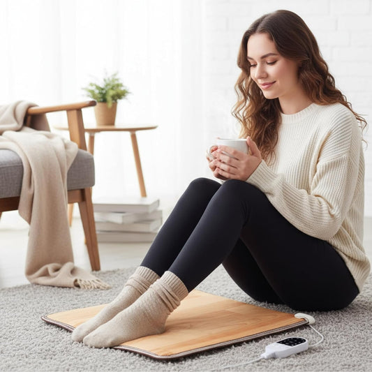 VIHOSE PVC 110V Heated Floor Mat Heater for Foot Carbon Crystal Wood Stripe Electric Heating Pad Energy Saving Foot Warmer Under Desk Indoor Space Heated Rug for Home Office(Brown, 22 x 20 Inch)