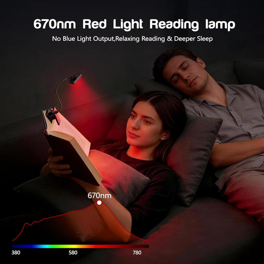 670nm Red Light Reading Lamp,Rechargeable Clip Book Light, 3 Color Modes, Touch Dimming, No Blue Light, Portable Cordless Reading Lamp for Bedroom Office Students (Black)