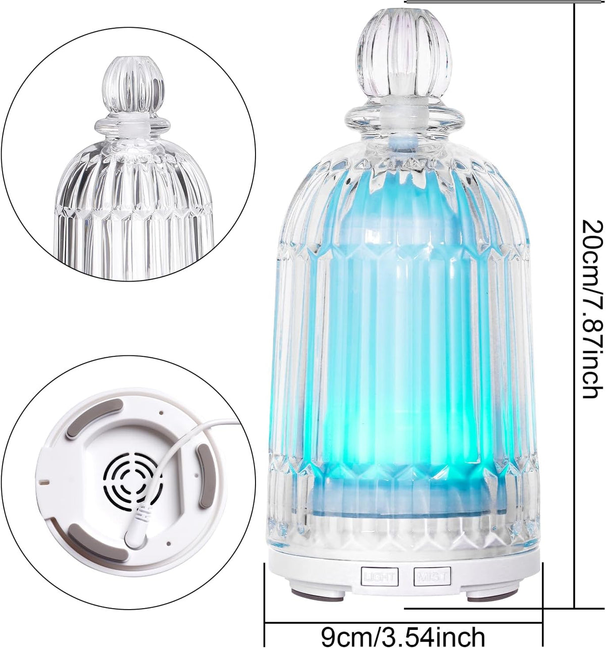 Glass Essential Oil Diffuser, Ultrasonic Aroma Diffuser Glass Cover & Plastic Reservoir with 7 LED Color Changing Light, Auto Shut-Off for Home Office Spa, 120ml(Black Base)