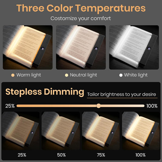 LED Book Light, 3 Color Temps & Stepless Dimming, Night Reading with Timer | 2-In-1 Rechargeable Clear LED Flat Reading Light and Night Light. Perfect for Night Reading and Bookish Gifts(Black)