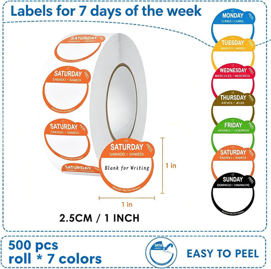 Food Labels Removable Day Dot Stickers, Colorful | 7 Colors, Expiring Date Labels, Meal Prep, Kitchen & Restaurant Use, Refrigerator Organization