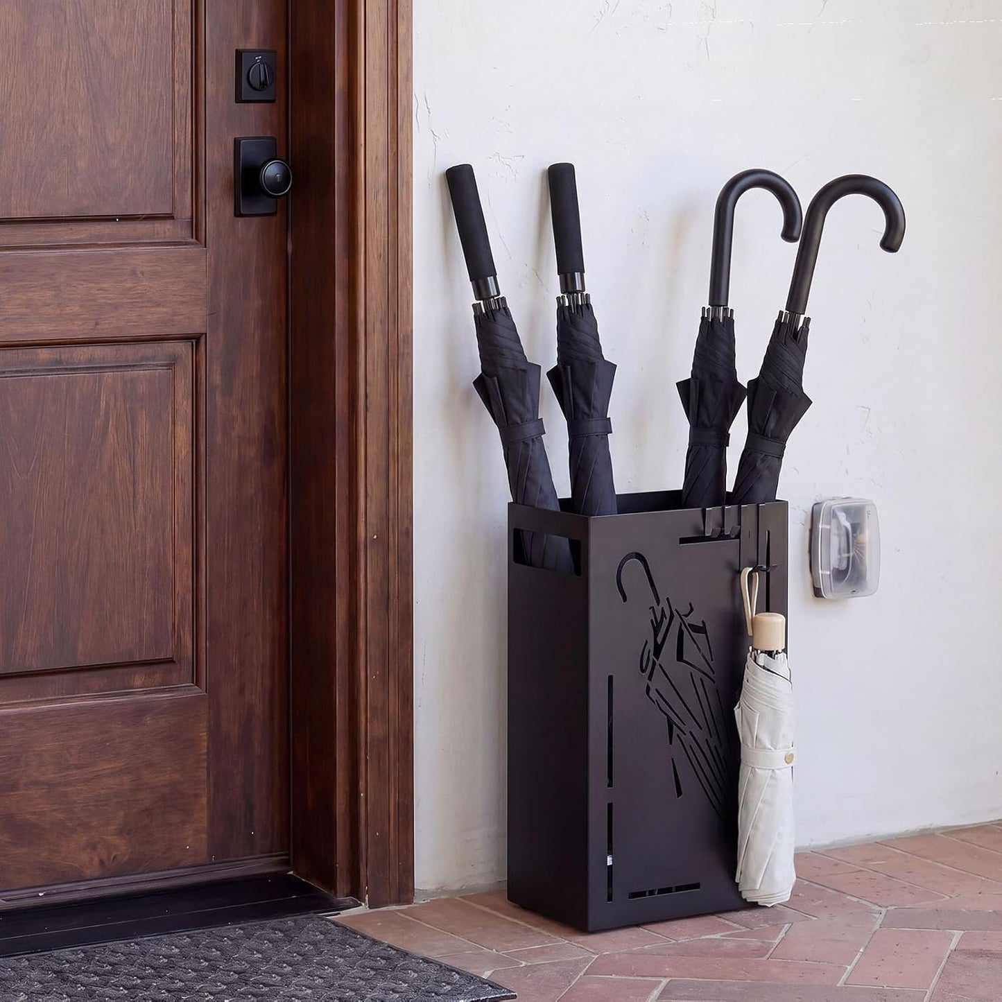 Goplus Metal Umbrella Holder, Indoor Umbrella Stand Freestanding, Black | Removable Drip Tray, 4 Hanging Hooks, Heavy-Duty Rectangular Umbrella Holders for Entryway, Home Office, 11 x 5 x 16 Inch