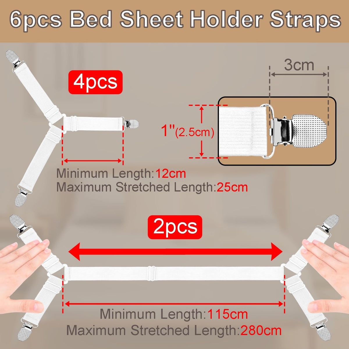 4 Pack Mattress Elastic Straps, Elastic Bed Sheet Holders for Corners Fitted Straps Clip Adjustable Bedsheet Grippers Mattress Sheet Corner Holders, Fitted Bedsheet Clip for Bedding Sofa Cover
