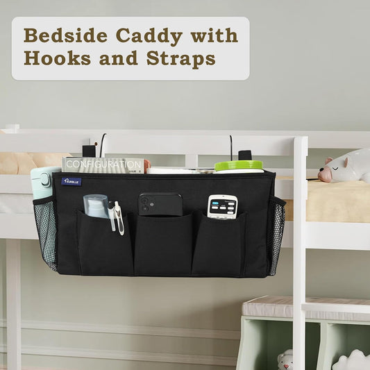 Surblue Bedside Organizer with Hook Bedside Caddy Hanging Storage Bag with Adjustable Straps and Water Bottle Holder for Home College Dorm Bunk Bed Accessories, Crib Bed Rails, Hospital Bed, Black