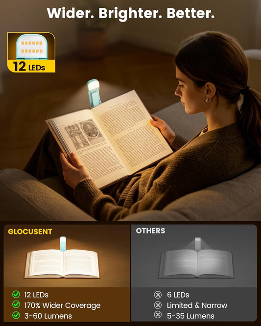 Glocusent 12 LED Book Light, Reading Lights for Books in Bed with 5 Colors & 5 Brightness, Portable Clip on Reading Light, USB-C Rechargeable for 200H with Travel Lock, Perfect Gifts for Book Lovers | 5 Colors & 5 Brightness,Purple Clip on Reading Light,