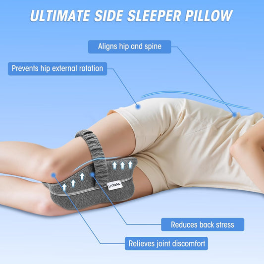 LITTOAK Knee Pillow for Side Sleepers & Sciatica Pain Relief | Leg Pillow for Side Sleeping with Detachable and Adjustable Strap, Two Covers, Blue& Grey, One Pillow Only