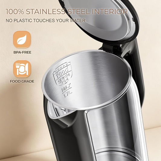 Electric Kettle, 1.7L 1500W, 5 Temp Presets, Dual Mode 8H Keep Warm, Double Wall Cool Touch, 100% Food Grade Stainless Steel Interior, Mute & Smart Memory for Tea, Coffee & Baby Formula