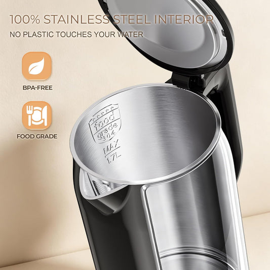 Electric Kettle, 1.7L 1500W, 5 Temp Presets, Dual Mode 8H Keep Warm, Double Wall Cool Touch, 100% Food Grade Stainless Steel Interior, Mute & Smart Memory for Tea, Coffee & Baby Formula