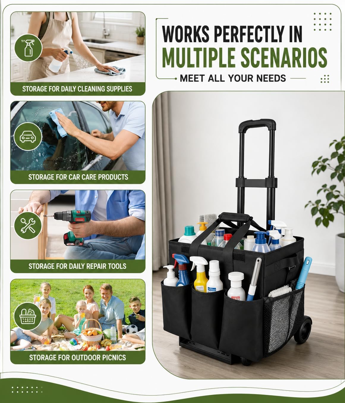 Cleaning Tools Cleaning Caddy with Wheels and Cleaning Apron, Large Rolling Cleaning Caddy Bag with Detachable Trolley, 6PCS Crevice Cleaning Brush Set, Adjustable Shoulder Strap & Multiple Pockets