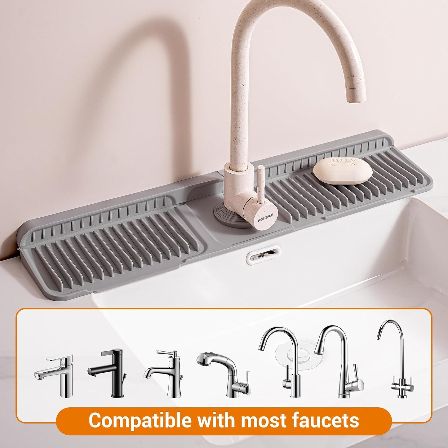 ZJWZLG Faucet Mat for Kitchen Sink, 14"X5.5" Silicone Sink Splash Guard , Snap-On Design & 7°slope Fast Drain, Folding Sink Faucet Mat for Universal Kitchen Bathroom Sink(Grey)