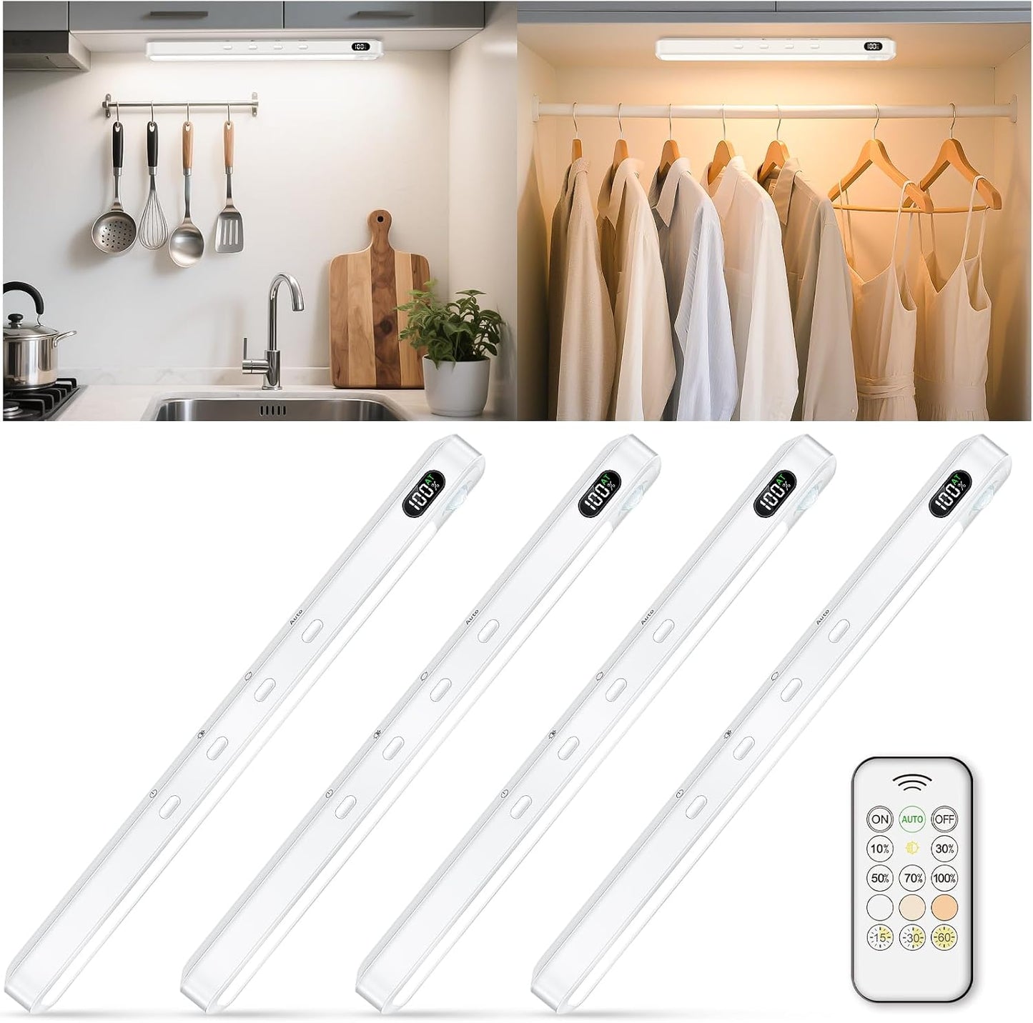 WILLED Under Cabinet & Closet Lights, Motion Sensor, Rechargeable, Magnetic, 3 Color Temps, Dimmable LED Light Bar for Indoor Kitchen Counter (4 Pack, White)