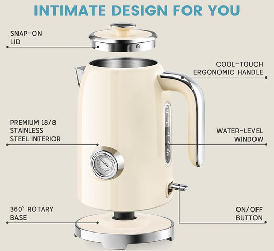 SUSTEAS 57oz Electric Kettle with Thermometer, Hot Water Pot, Retro Green | Electric Tea Kettle for Boiling Water, 1500W Stainless Steel Pot, Cordless LED Indicator, Auto Shut-Off & Boil Dry Protection