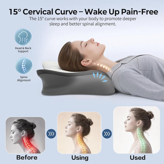 Pain Relief Cervical Neck Pillow, Ergonomic Contour | Q-Max Cooling | Non-Temperature Memory Foam | Side/Back/Stomach Sleeper Support for Sleeping, Reading, Scrolling,(White&Grey)