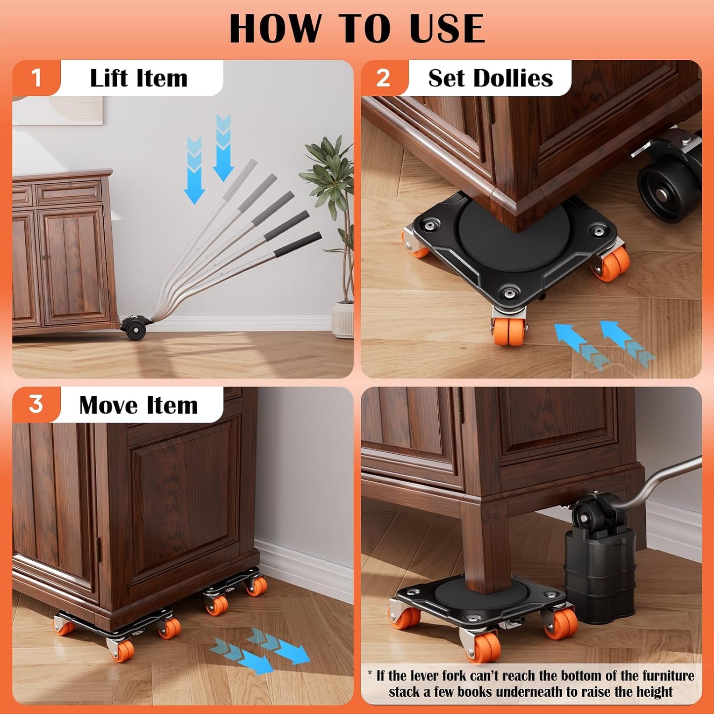 Heavy Duty Furniture Movers with 5-Wheel Dollies, Furniture Dolly Set with Lifter & Base, 360° Swivel Casters, Non-Slip Pads, Up to 2000 lbs Load Capacity