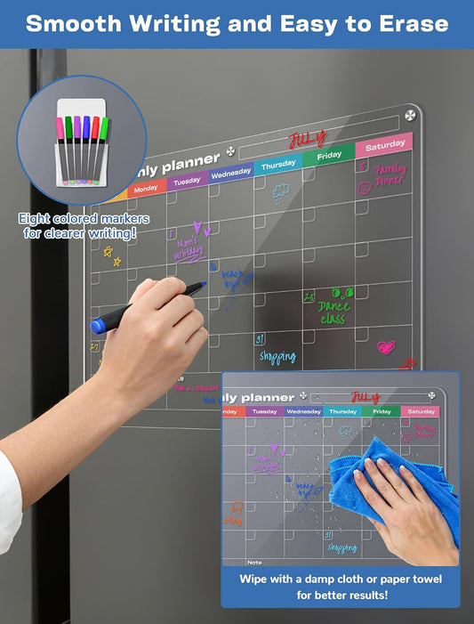 Acrylic Weekly Magnetic Calendar for Refrigerator, Fridge Calendar | Clear Dry Erase Board for Fridge Weekly Meal Planner Includes 8 Color Markers, 11.8"x15.7" Magnetic Menu Board for Kitchen