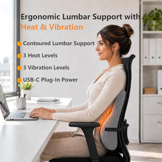 Lumbar Support Pillow with Heat and Vibration Massage for Lower Back Pain Relief & Comfort, Ergonomic Memory Foam Back Cushion with Adjustable Strap for Office Chair, Car Seat and Sofa, Grey