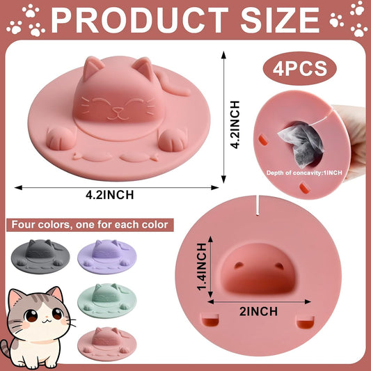 Enenes 4 Pack Silicone Tea Bag Holder and Squeezer, 4 Inch Cat-Shaped Cup Lid Cover for Tea Bags, Reusable Dishwasher Safe Mug Cover for Tea Cups and Coffee Mugs