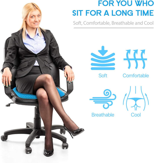 Gel Seat Cushion for Long Sitting, (Thick & Large) Cushion for Wheelchair | Gel Cushion for Office Chair, Soft & Breathable, Chair Cushion, Gel Car Seat Cushion for Hip Pain (Blue Cushion+Black Cover)