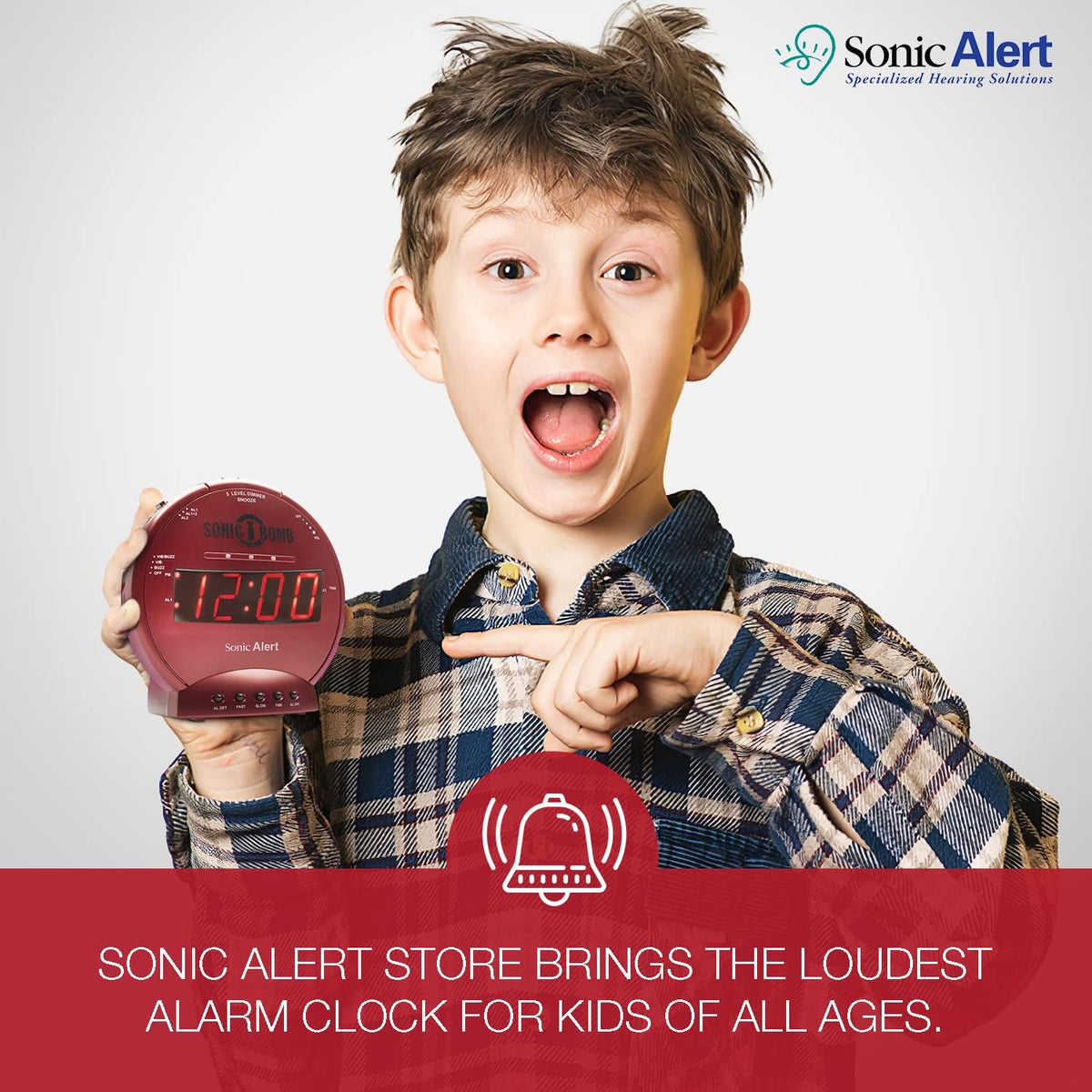 Sonic Alert Sonic Bomb Dual Alarm Clock with Bed Shaker, Black Vibrating Alarm Clock Heavy Sleepers, Battery Backup | Wake with a Shake